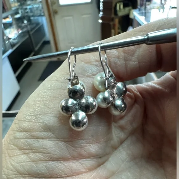 Artisan 18k Pearl Cluster dangle Earrings
